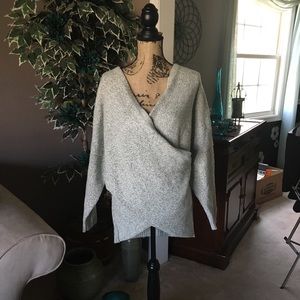 Faux Wrap Cozy Gray and White Wool Sweater